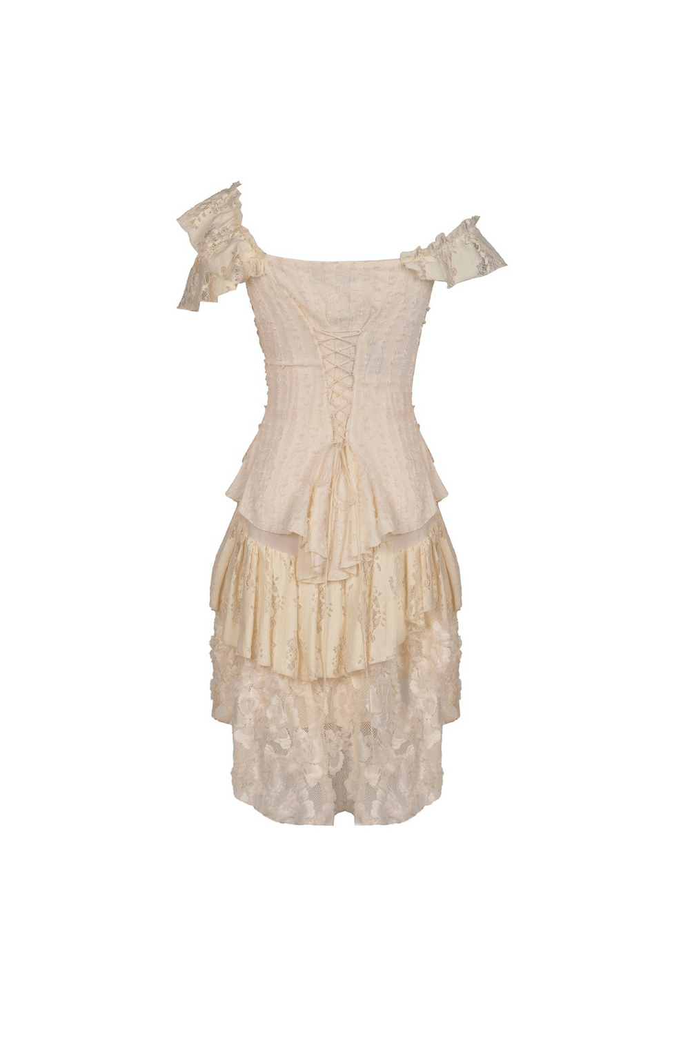 Vintage lace layered dress with ruffled detailing and off-shoulder design, embodying Victorian elegance.