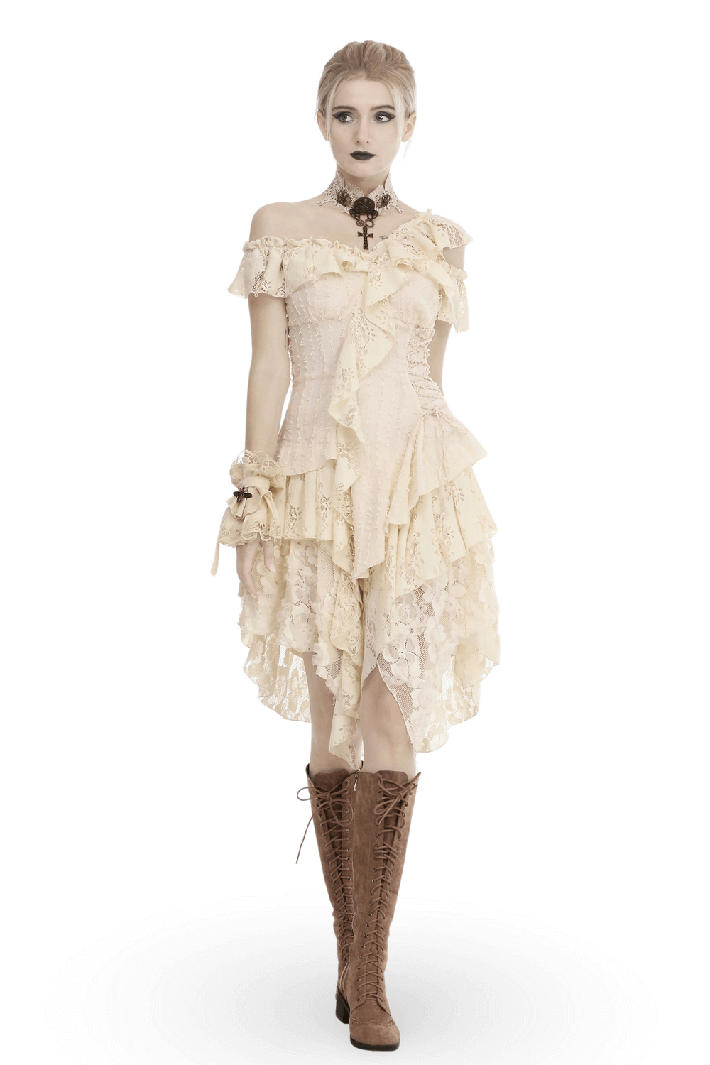 Vintage lace layered dress with ruffled detailing, off-shoulder design, and Victorian elegance.