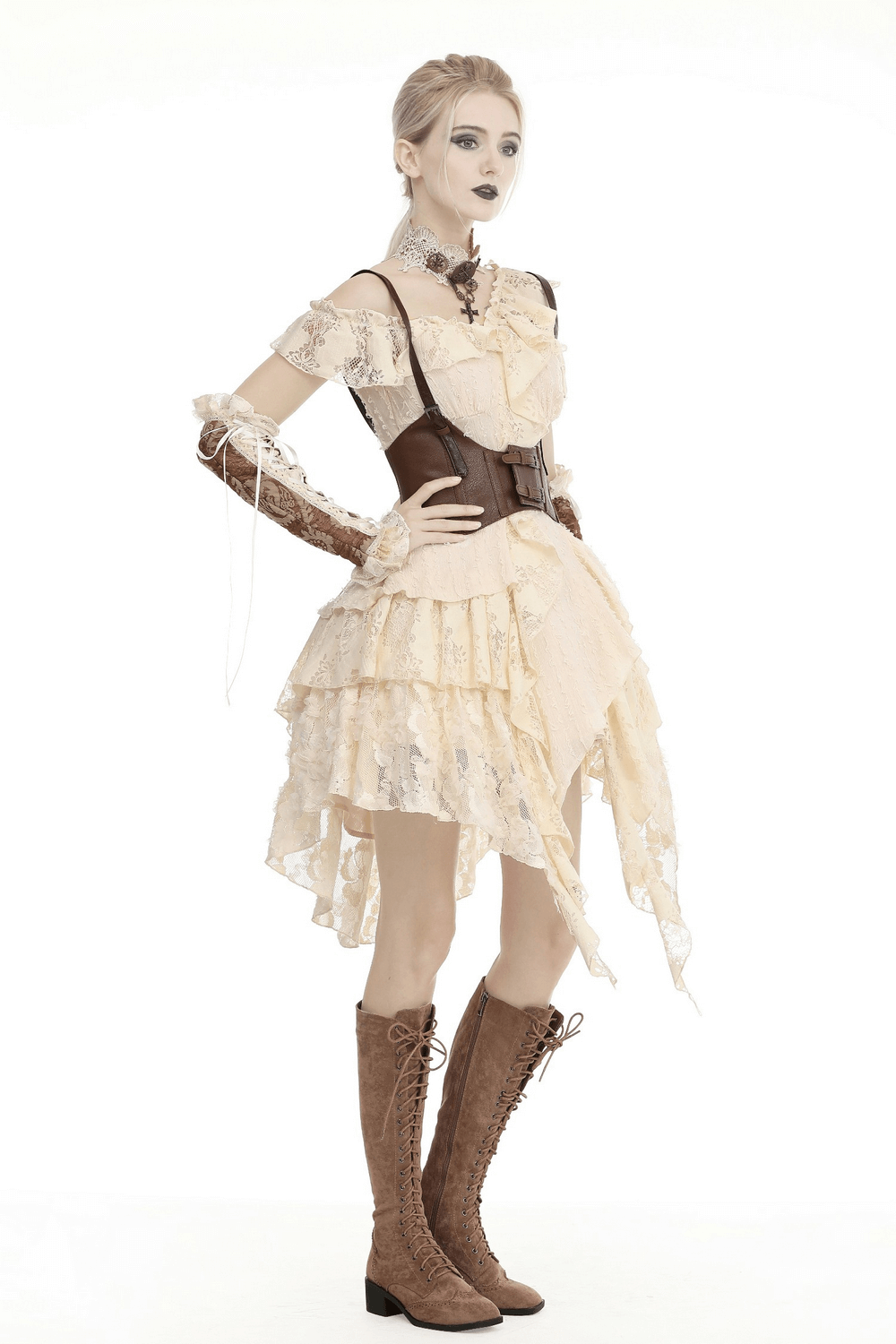 Victorian-inspired vintage lace layered dress with ruffled detailing and off-shoulder design, paired with knee-length boots.