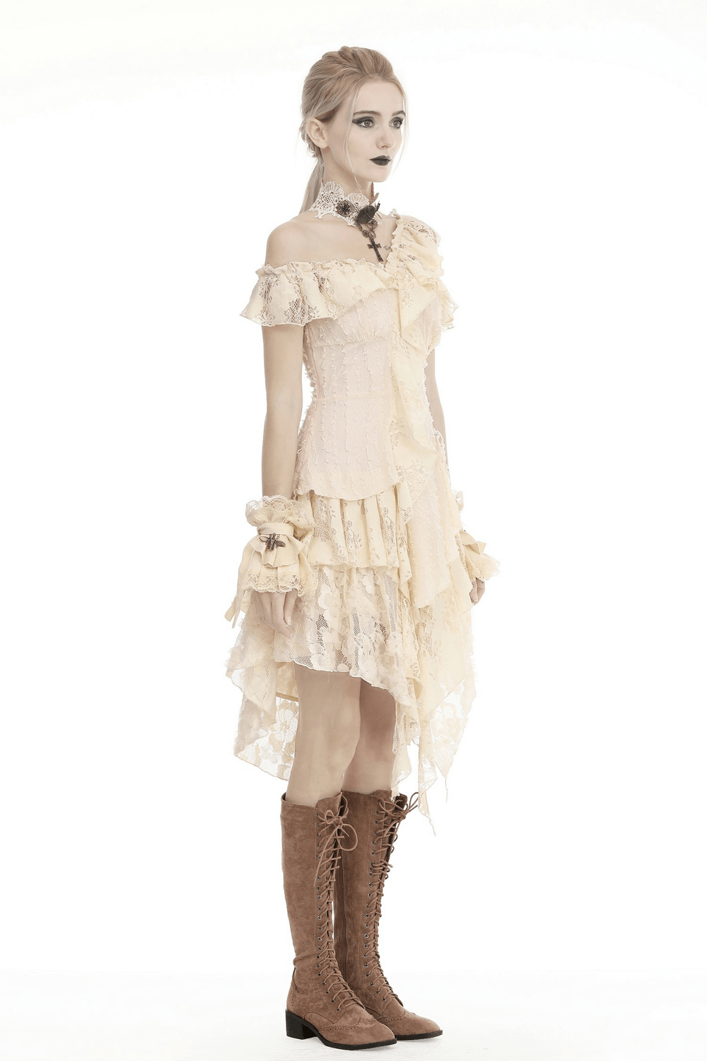 Vintage lace layered dress with ruffled detailing, featuring an off-shoulder design and Victorian charm.