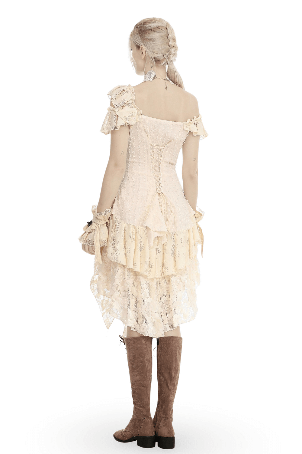 Back view of a Vintage Lace Layered Dress with ruffled detailing, perfect for elegant Victorian-inspired fashion.