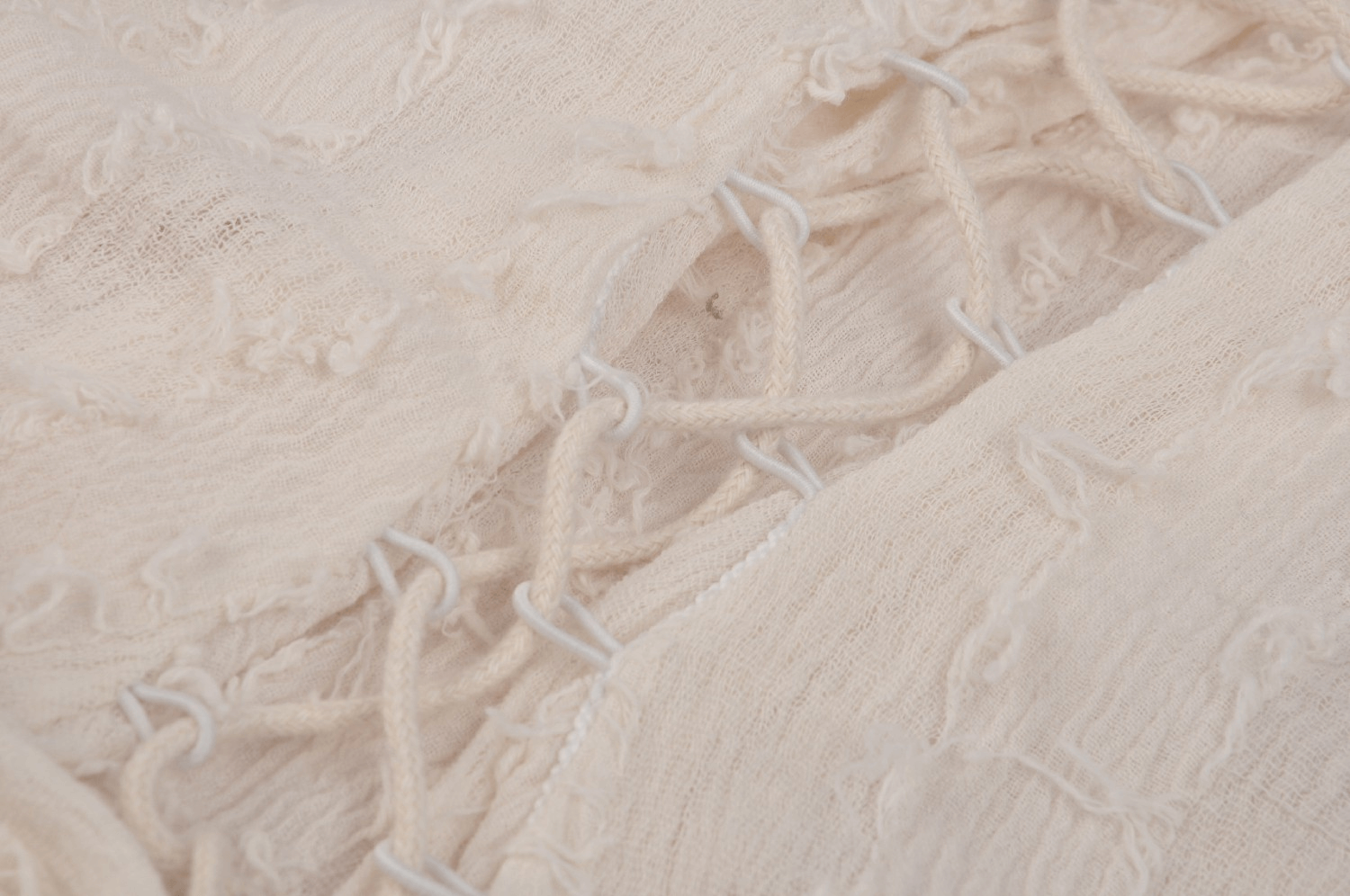 Close-up of vintage lace fabric showcasing intricate ruffled detailing and delicate textures in soft cream colors.