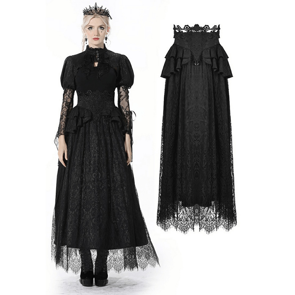 Vintage lace layered skirt with ruffles, satin ribbon, and enchanting Victorian gothic style.
