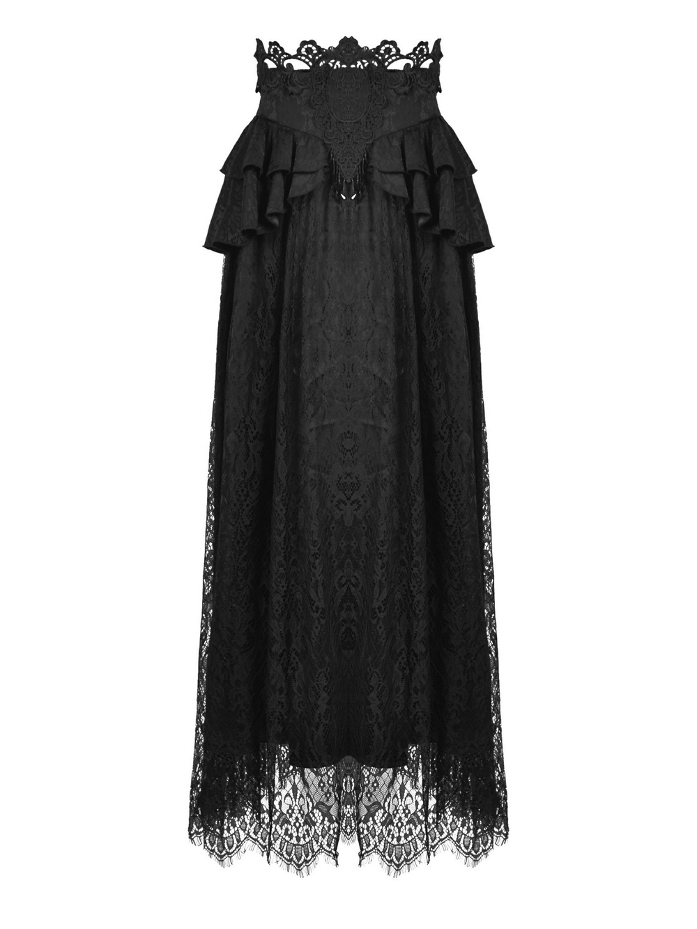 Victorian-inspired black lace layered skirt with ruffles and satin ribbon, perfect for gothic and vintage styles.