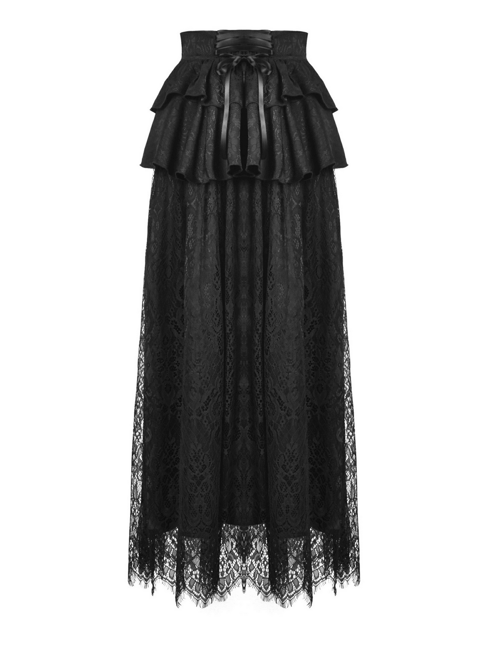 Vintage lace layered skirt in black with ruffles and satin ribbon tie, perfect for gothic and romantic styles.