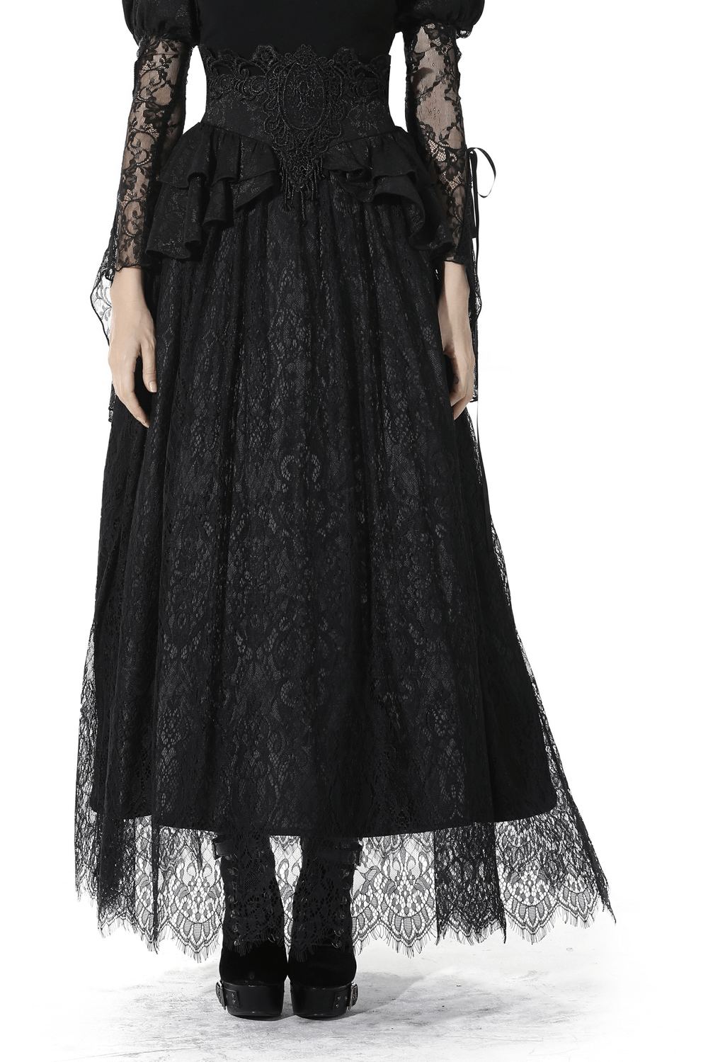 Victorian-inspired black lace layered skirt with ruffles and satin ribbon, perfect for gothic and vintage outfits.