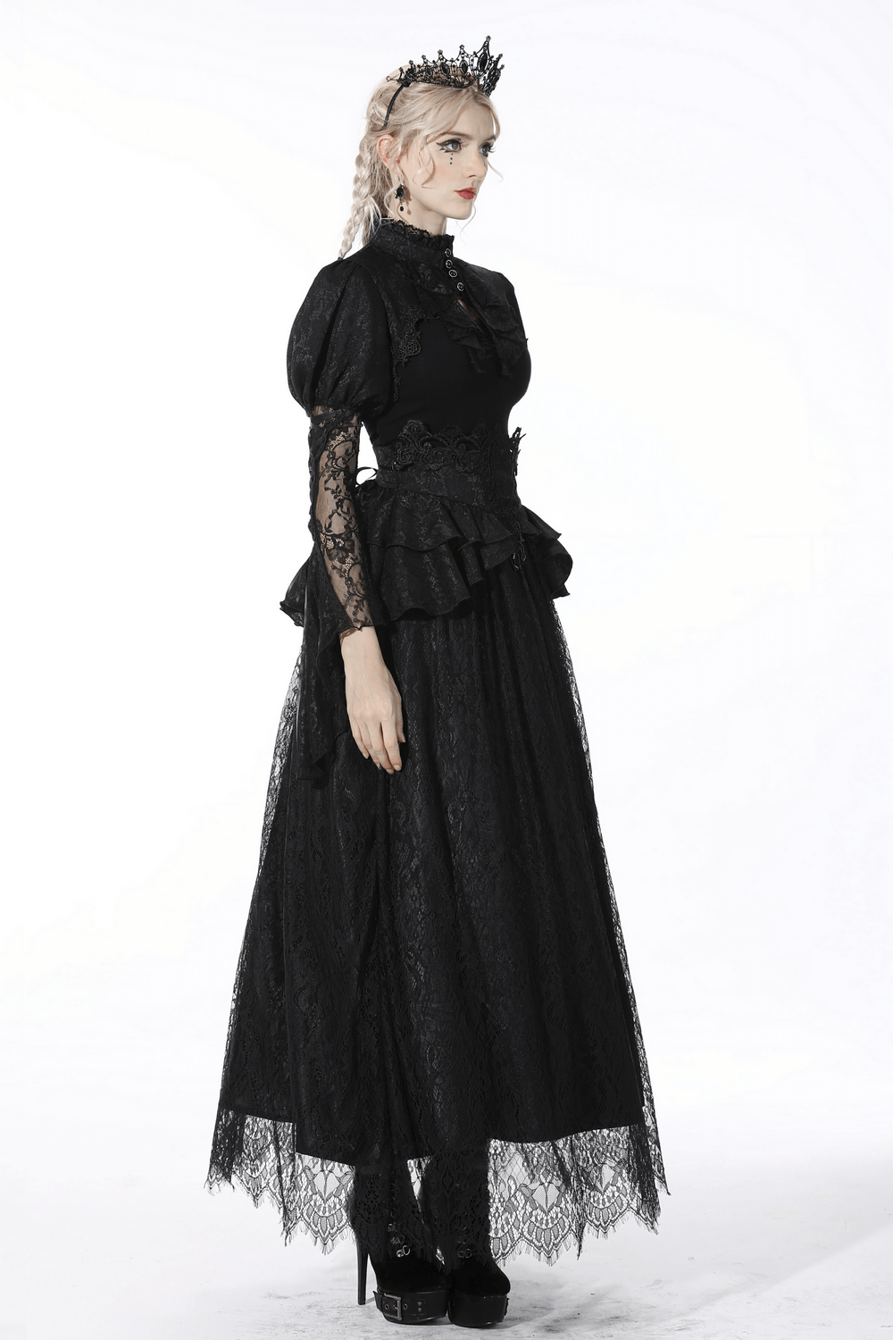 Victorian-inspired black lace dress with ruffles and elegant puff sleeves, perfect for gothic and steampunk fashion.