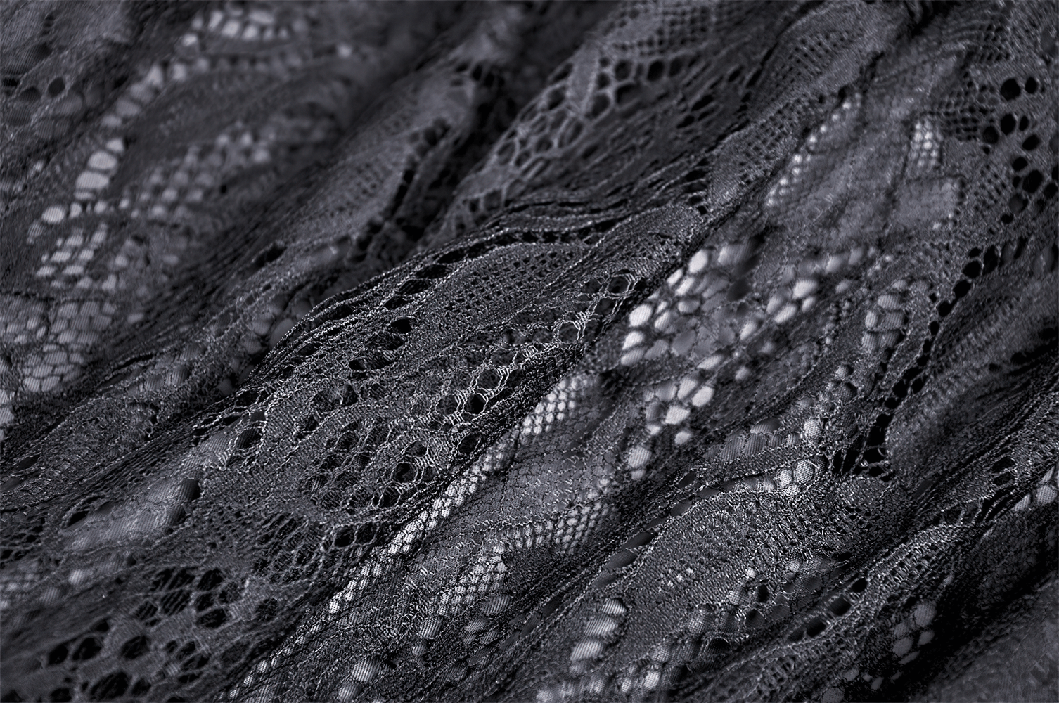 Intricate black lace fabric showcasing delicate floral patterns and textures, perfect for vintage-inspired fashion.