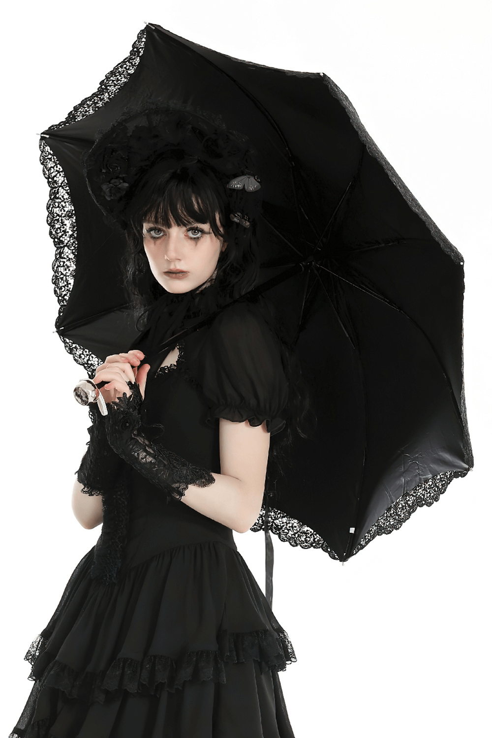 Vintage Lace Trim Gothic Umbrella with Wooden Handle
