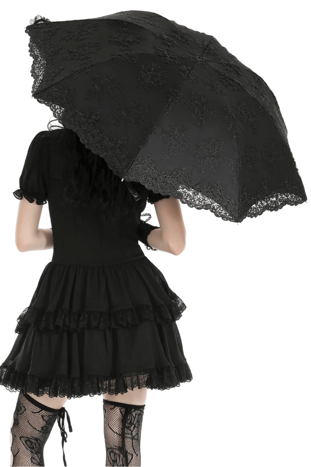 Vintage Lace Trim Gothic Umbrella with Wooden Handle
