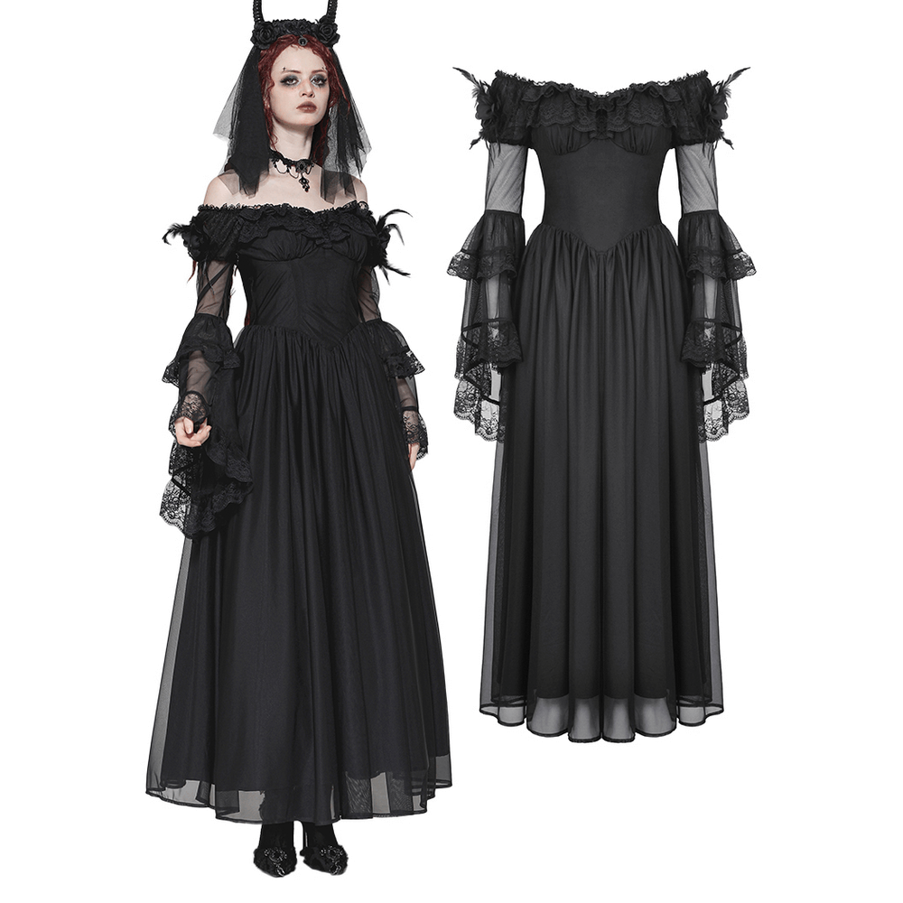 Vintage lace-up black Gothic dress with dramatic lace sleeves and feather accents, perfect for themed events.