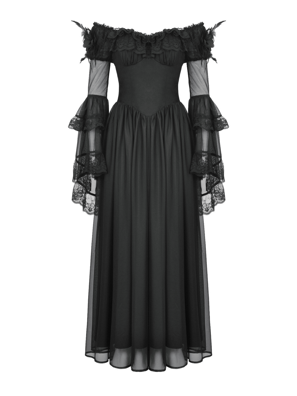 Vintage lace-up back Gothic dress with lace sleeves and feather accents, perfect for themed events.