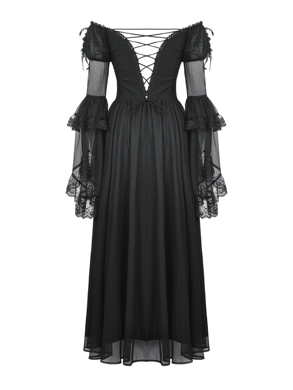 Vintage lace-up back Gothic dress with lace sleeves and feather accents in classic black.
