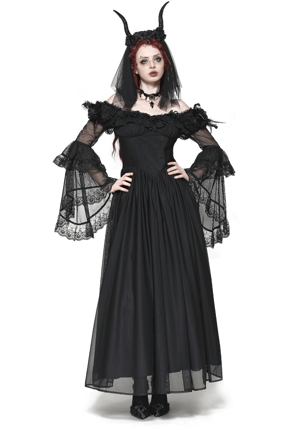 Vintage Gothic dress with lace sleeves, lace-up back, and feather accents for an enchanting evening look.