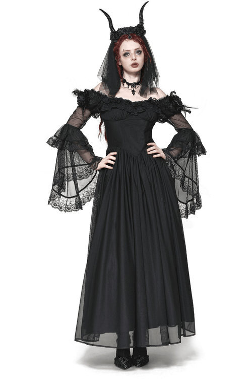 Vestido Gótico Vintage con Espalda de Cordones y Mangas de Encaje
