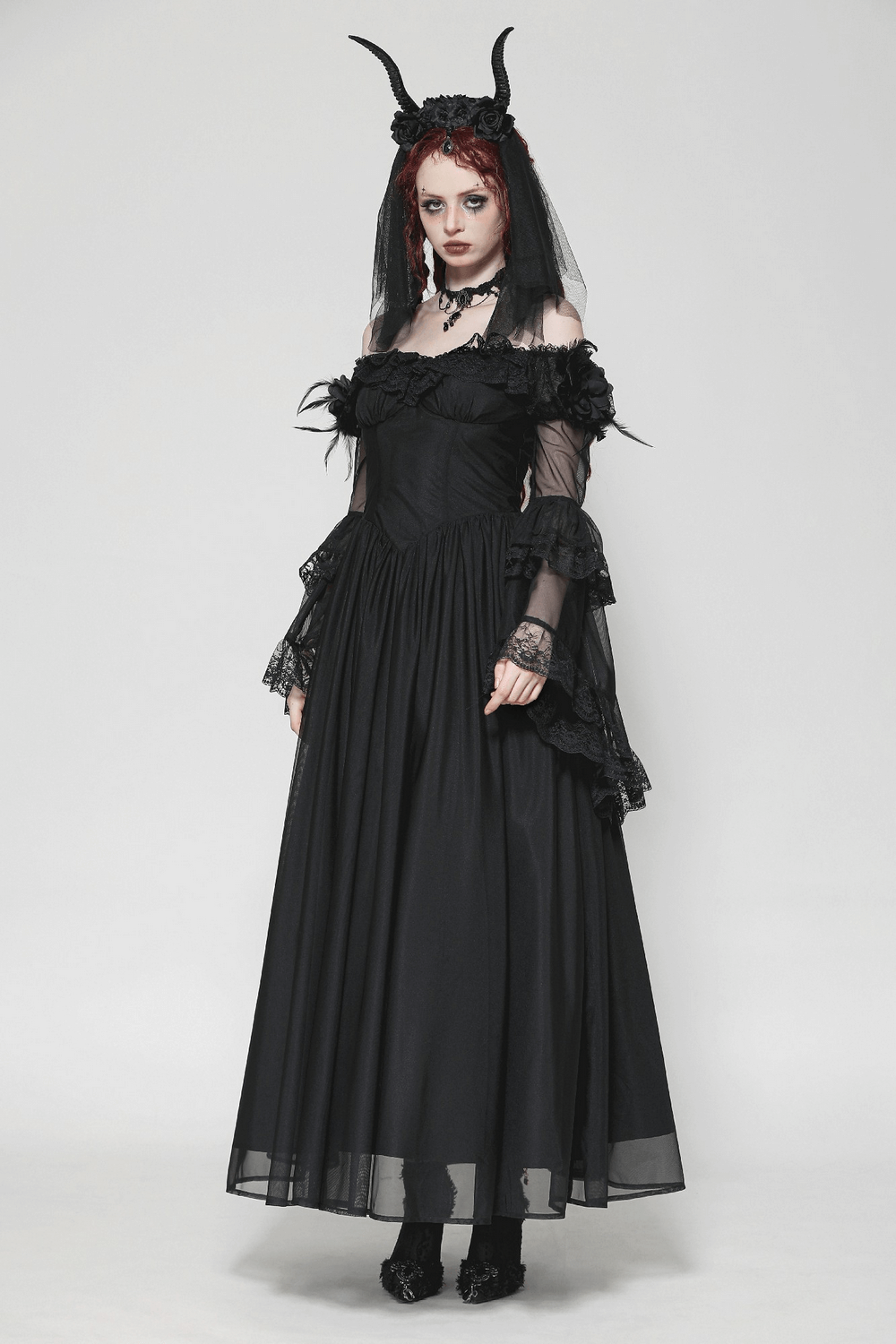 Gothic vintage lace-up dress with lace sleeves and feather accents, perfect for themed events and evening wear.