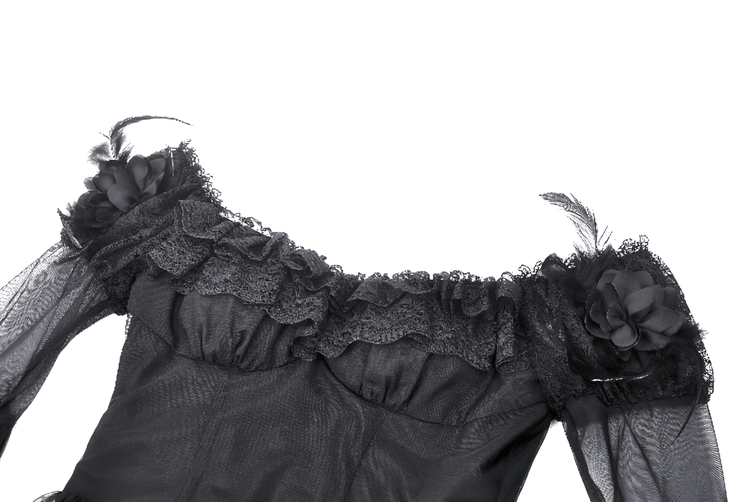 Vintage Gothic dress with lace sleeves and feather accents, perfect for themed events or elegant evenings.