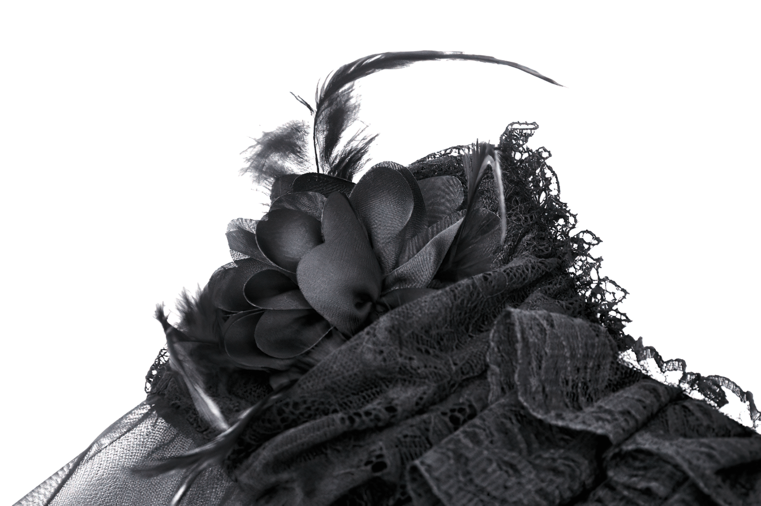 Elegant black feather and lace floral accessory, perfect for gothic or vintage-themed outfits.