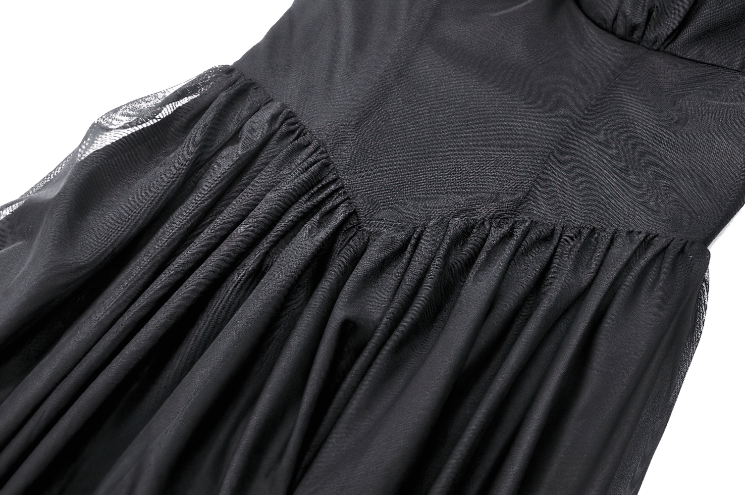 Close-up of black Gothic dress fabric showcasing luxurious texture and pleated detailing.