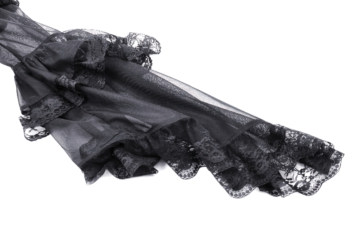 Elegant black lace sleeve detail with intricate ruffles, perfect for a gothic or vintage-inspired dress.