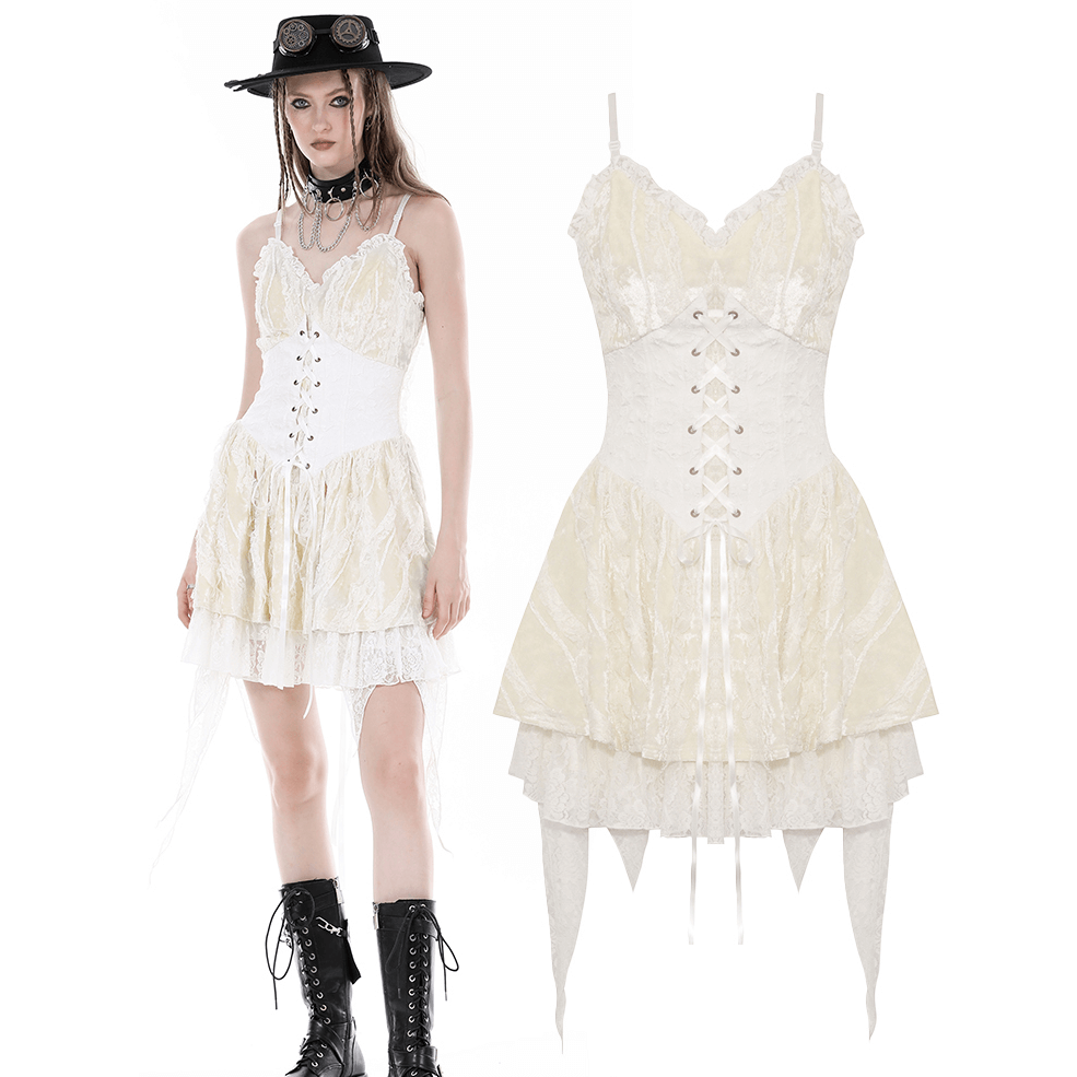 Boho chic beige lace-up dress with ruffled layered skirt and corset top, styled for a vintage look.