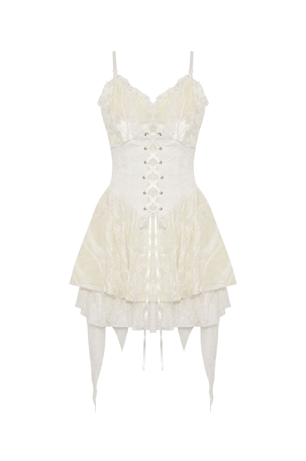 Vintage lace-up beige corset dress with layered ruffle skirt detailing, perfect for bohemian style lovers.