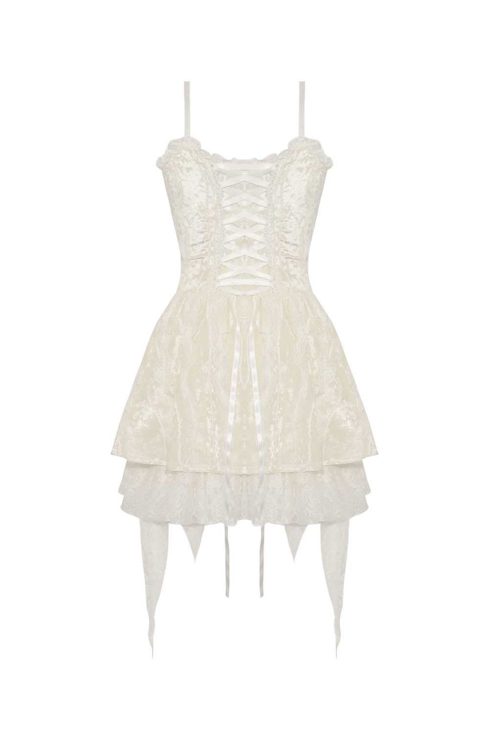 Vintage lace-up corset dress with layered ruffled skirt in beige, perfect for boho chic style and romantic occasions.