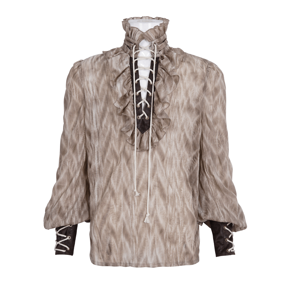 Vintage lace-up Gothic shirt with ruffled neck, perfect for Victorian inspired fashion and themed events.
