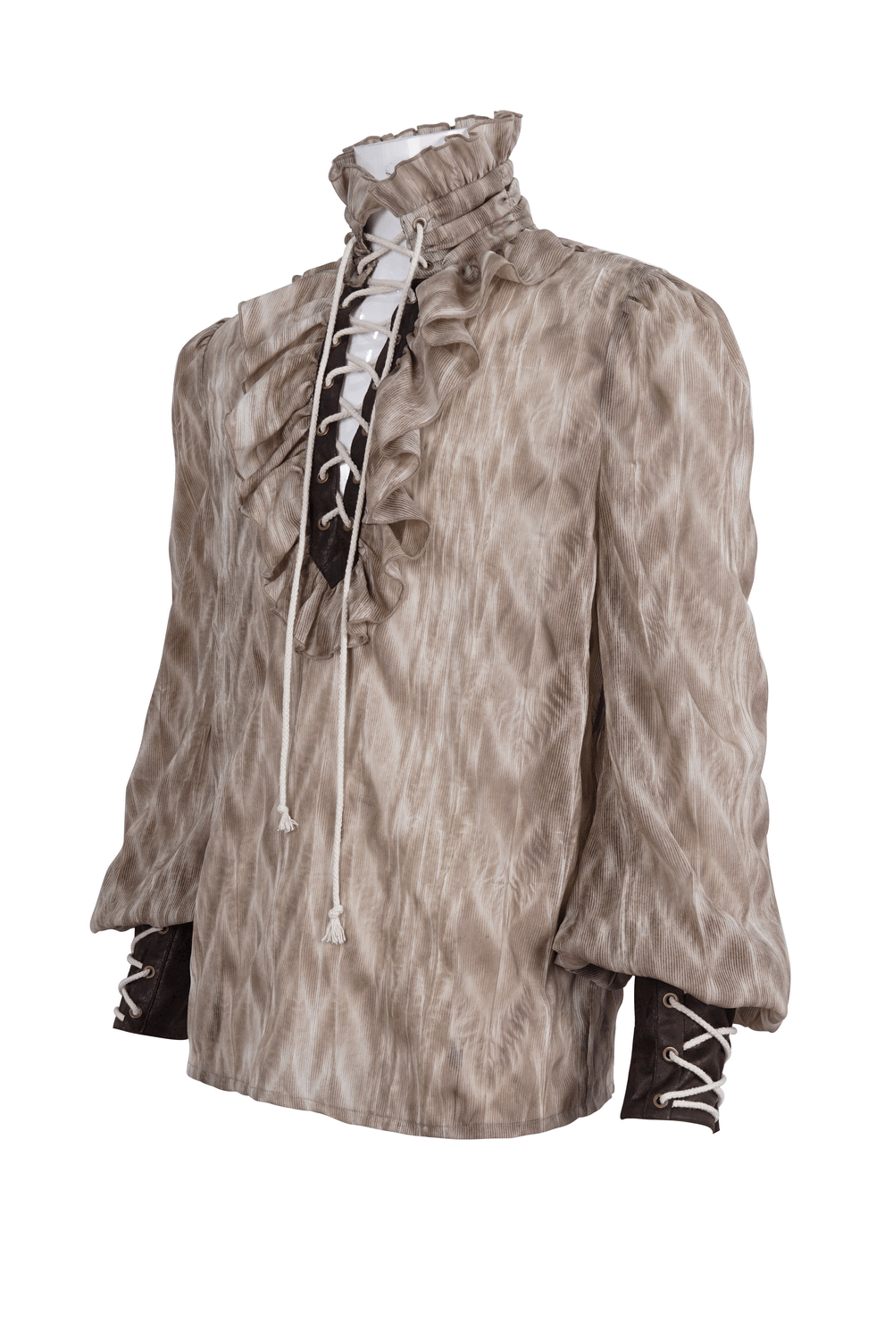 Vintage lace-up Gothic shirt with ruffled neck and full sleeves, perfect for a Victorian-inspired wardrobe.