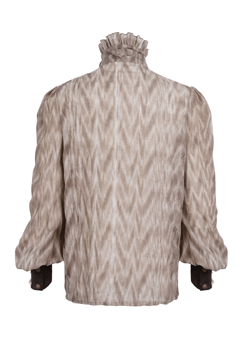 Back view of vintage lace-up Gothic shirt with ruffled neck, showcasing textured fabric and elegant full sleeves.