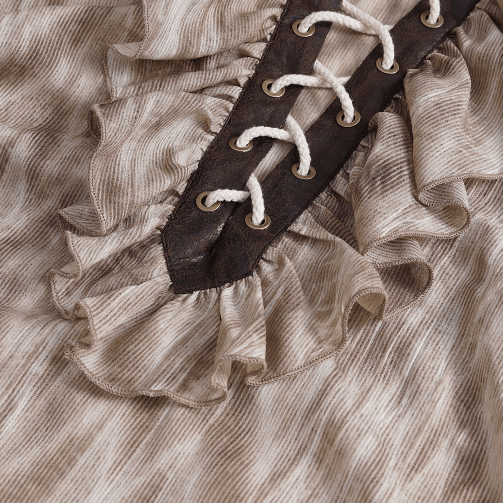 Close-up of a vintage lace-up Gothic shirt featuring dramatic ruffled neck detail and textured fabric.