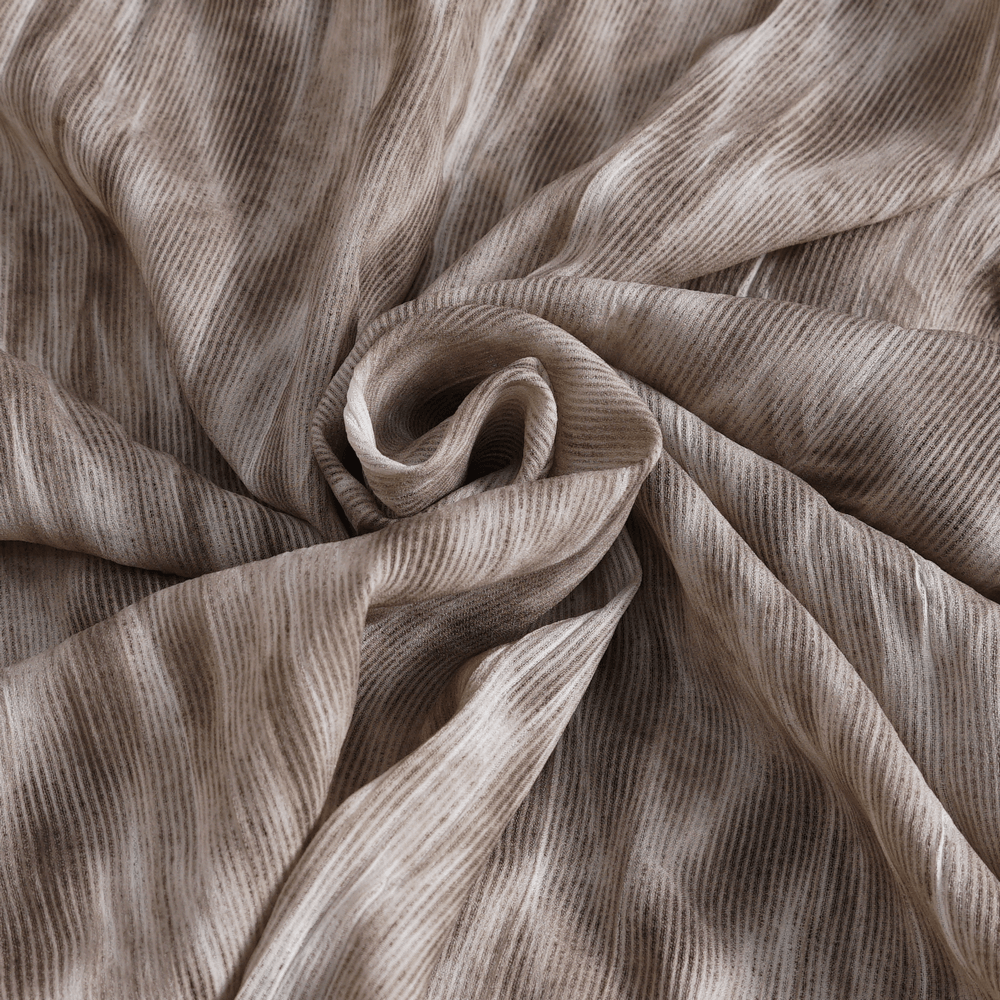 Close-up of textured fabric in soft brown, featuring a delicate striped pattern, perfect for vintage clothing.