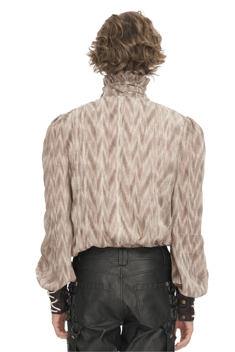 Back view of a vintage lace-up Gothic shirt with ruffled neck, showcasing textured fabric and full sleeves.