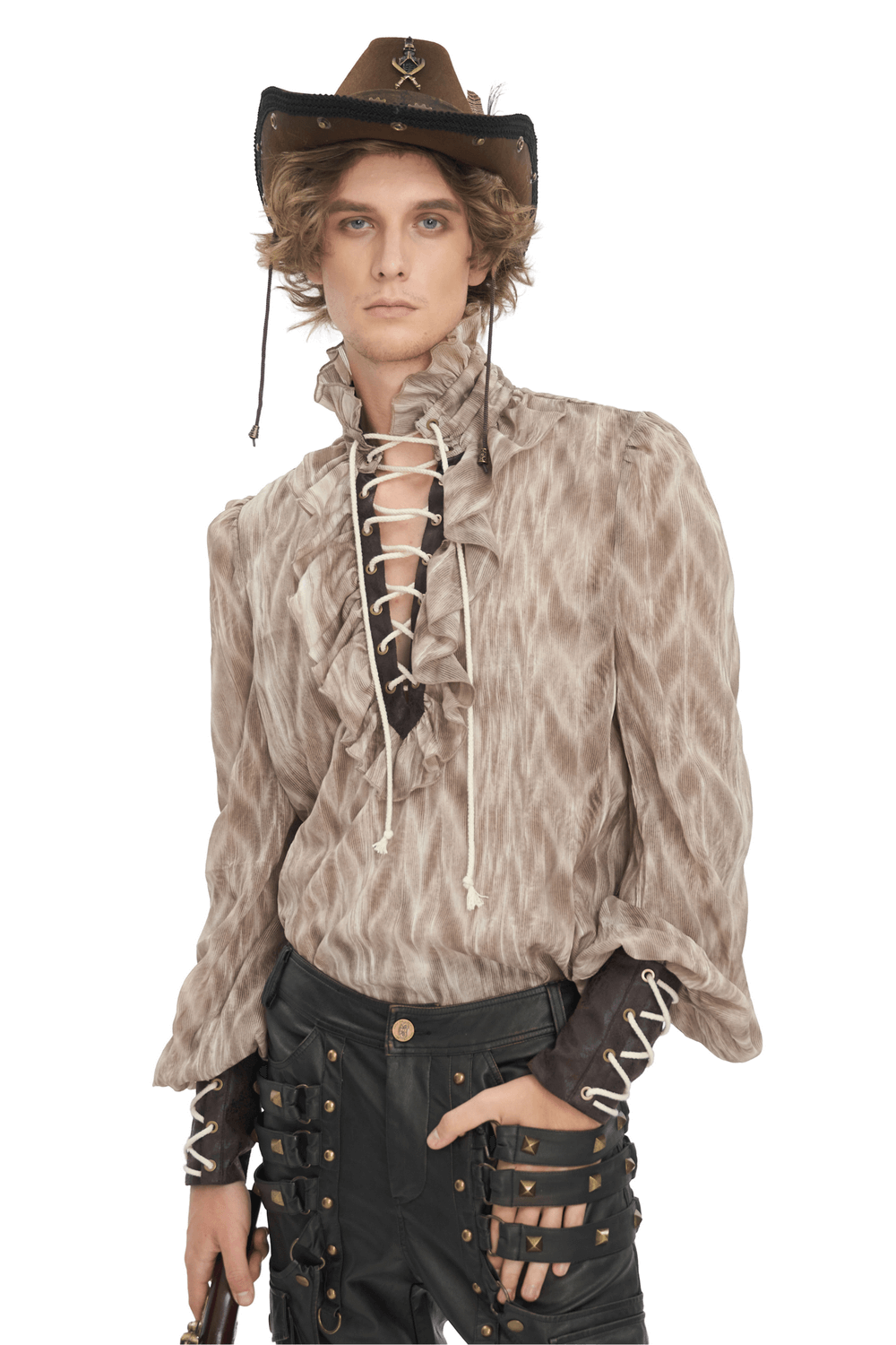 Vintage lace-up gothic shirt with ruffled neck, styled for a Victorian look, perfect for themed events.