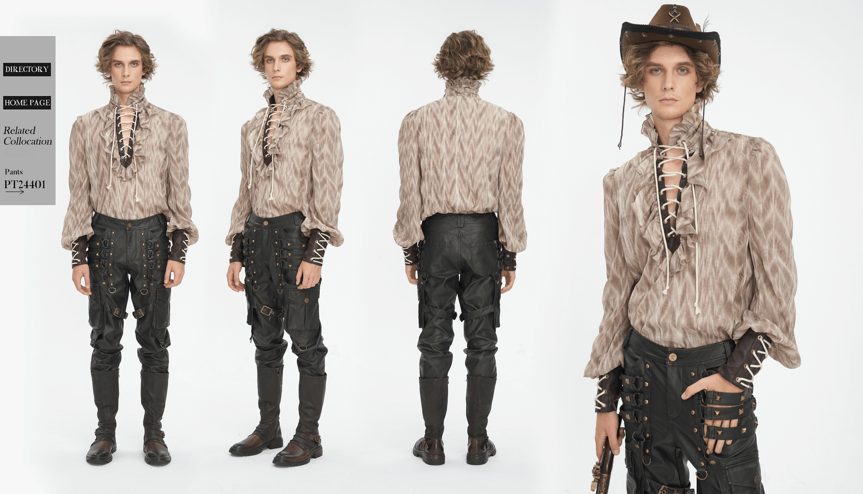 Vintage Gothic shirt with ruffled neck and lace-up detail, styled with leather pants and a hat, perfect for Victorian fashion.