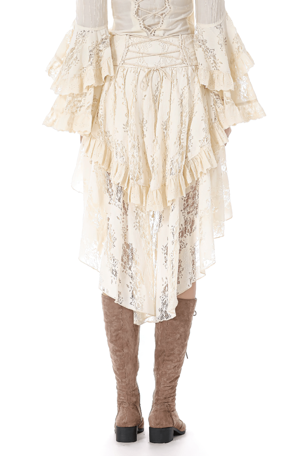 Vintage Lace-Up Ruffled Skirt with Floral Accents and Layers displayed from the back, featuring ruffles and a corset lace-up.
