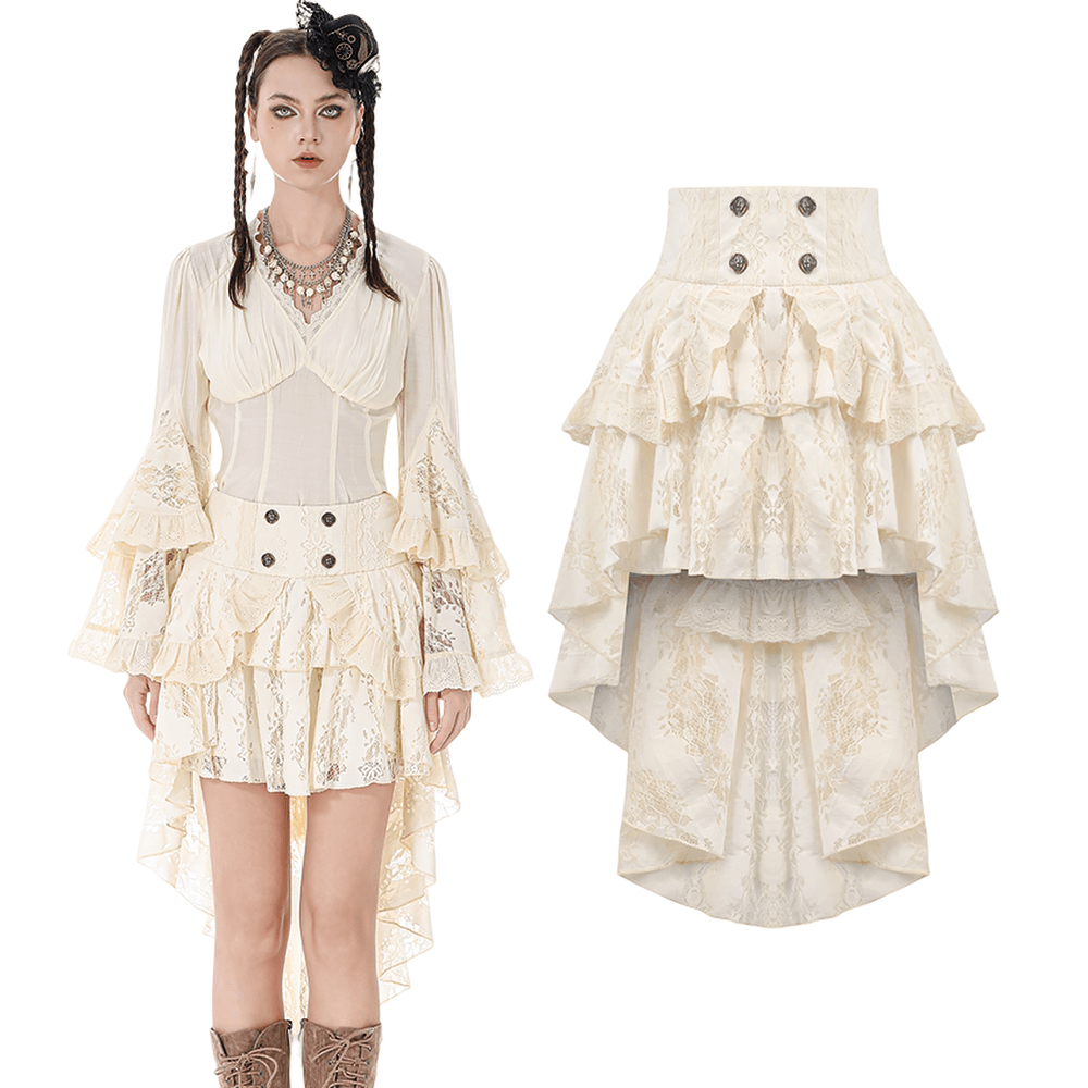 Vintage Lace-Up Ruffled Skirt with Floral Accents and Layers showcasing layered ruffles and corset back design.