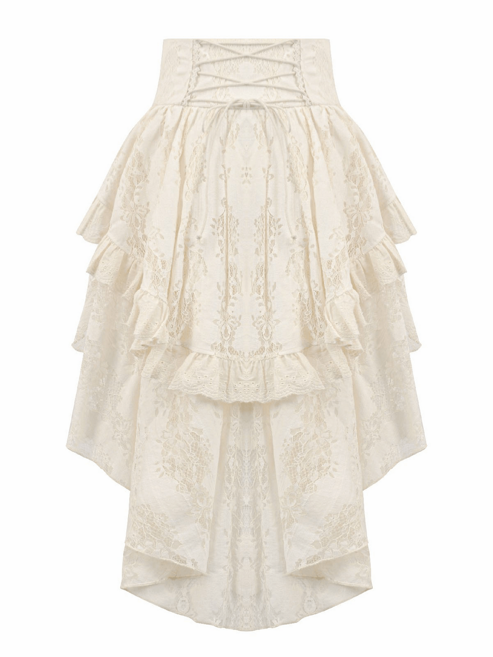 Vintage Lace-Up Ruffled Skirt with Floral Accents and Layers showcasing layers of elegant ruffles and a corset-style back.