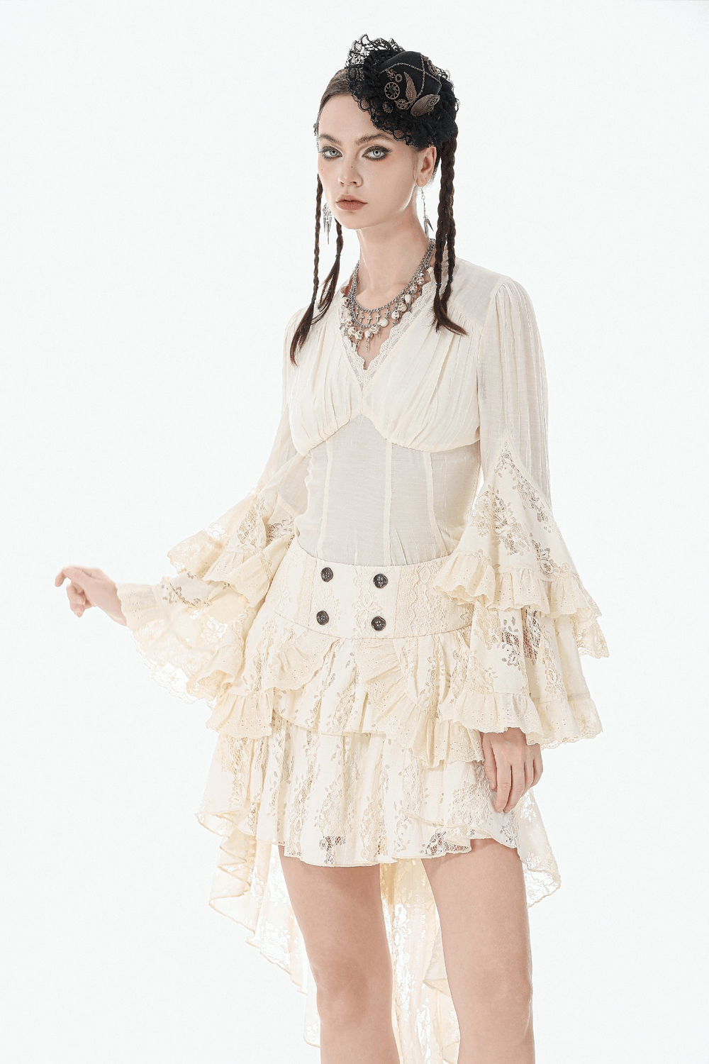 Vintage Lace-Up Ruffled Skirt with Floral Accents and Layers showcased by a model wearing a vintage-inspired outfit.