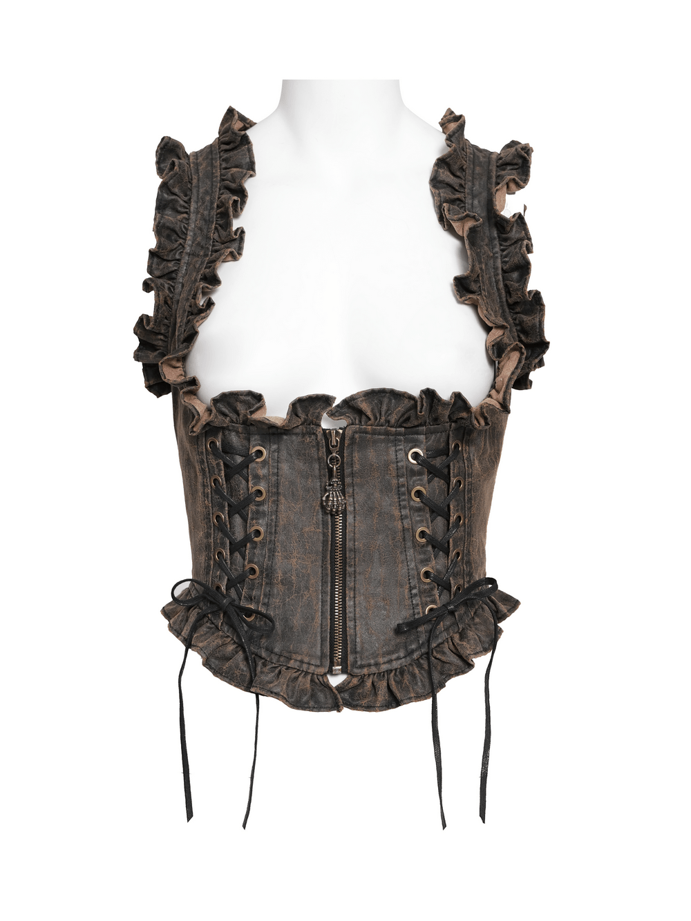 Vintage Lace-Up Waistcoat With Front Zipper Detail showcasing ruffle trim and lacing, perfect for gothic and steampunk styles.