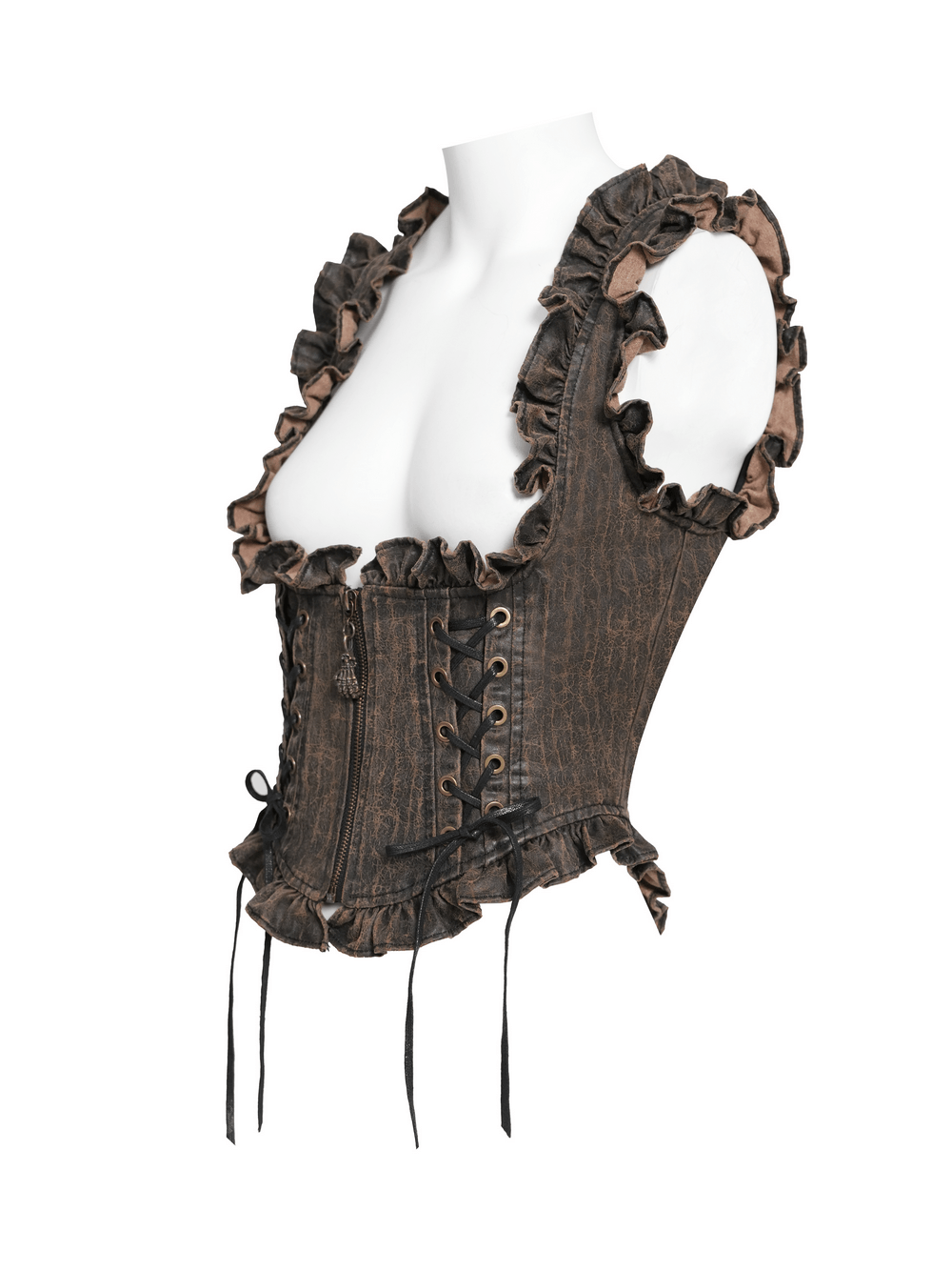 Vintage Lace-Up Waistcoat With Front Zipper Detail featuring ruffle trim and lace-up sides in a distressed brown design.