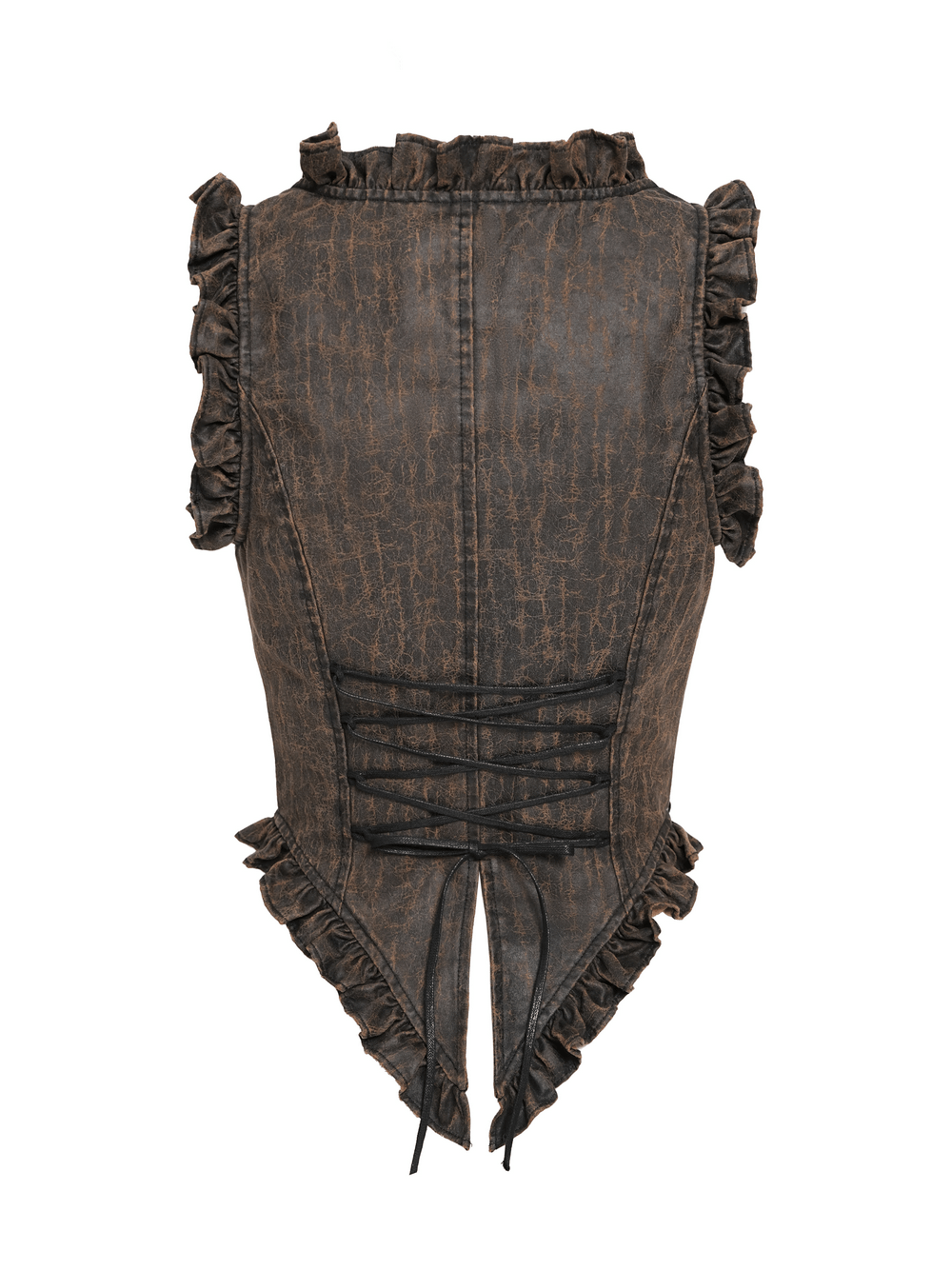 Back view of Vintage Lace-Up Waistcoat With Front Zipper Detail featuring ruffle trim and lace-up design.