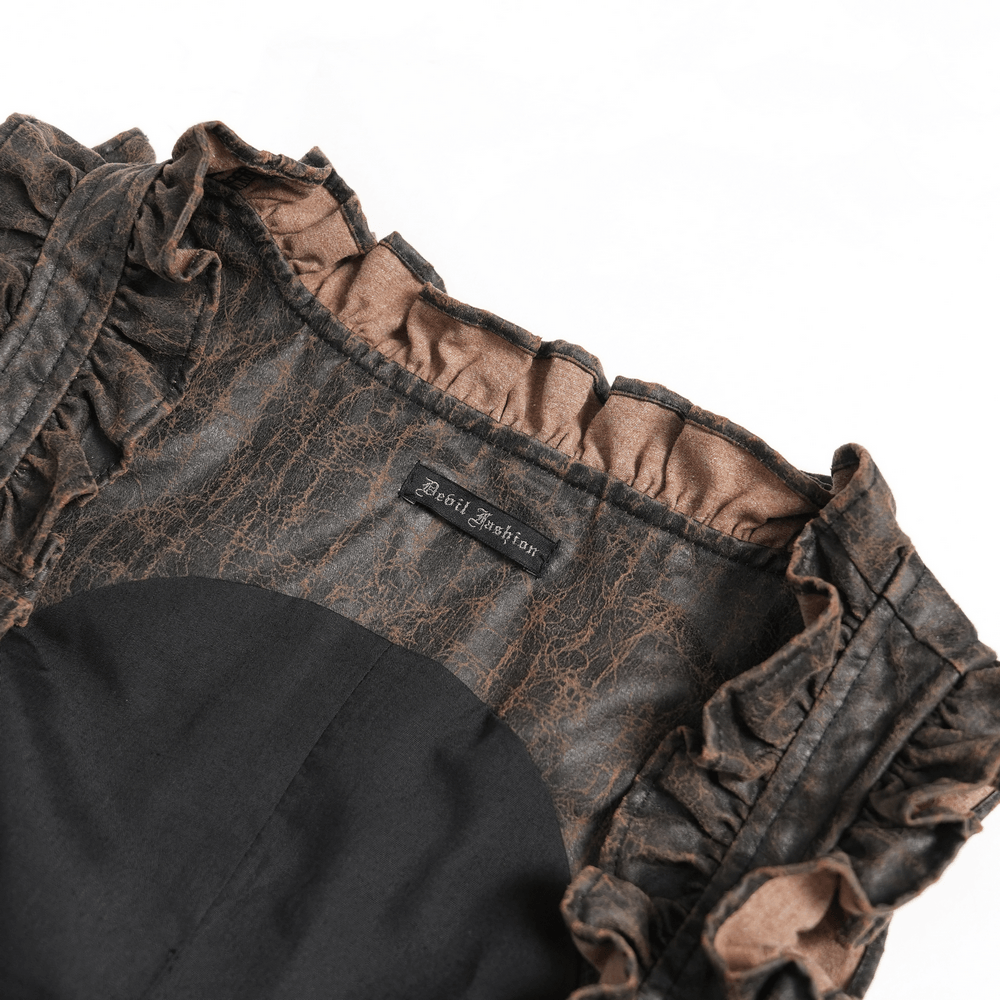 Vintage Lace-Up Waistcoat With Front Zipper Detail showing ruffle trim and interior label.