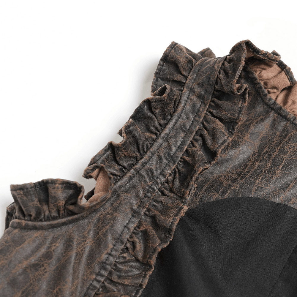 Vintage Lace-Up Waistcoat With Front Zipper Detail showing distressed fabric and romantic ruffle trim on a stylish garment.