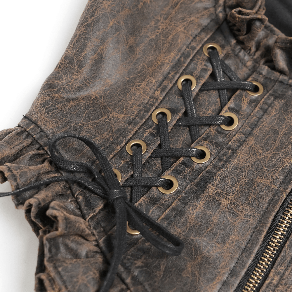 Vintage Lace-Up Waistcoat With Front Zipper Detail featuring intricate lace-up detail and romantic ruffle trim.