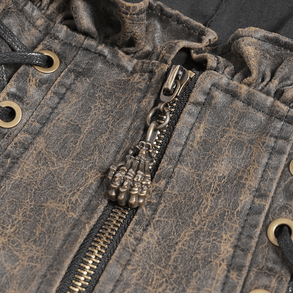 Vintage Lace-Up Waistcoat With Front Zipper Detail showcasing the unique ruffle trim and zipper detail for gothic styling.