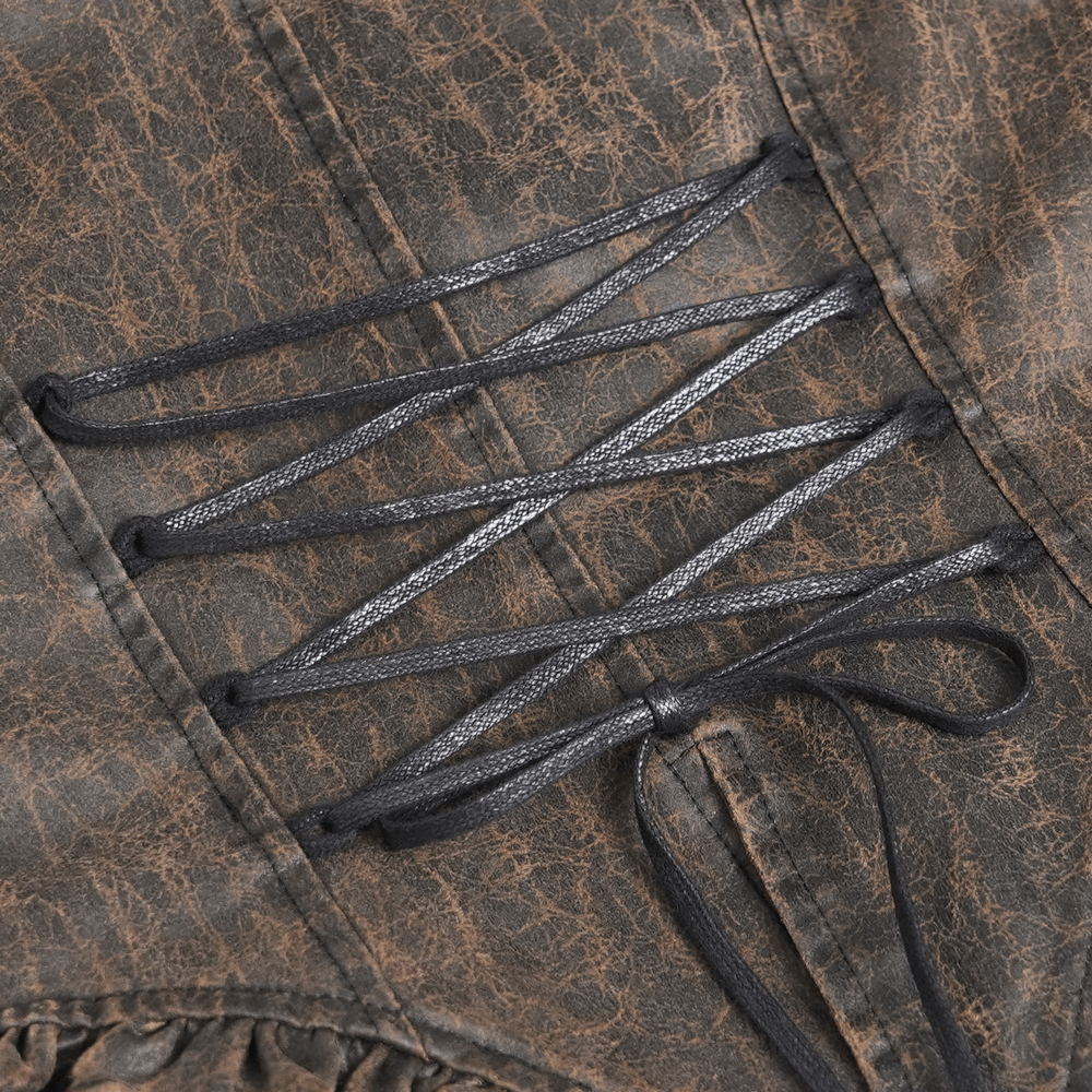 Vintage Lace-Up Waistcoat With Front Zipper Detail showing detailed lace-up design and textured fabric.