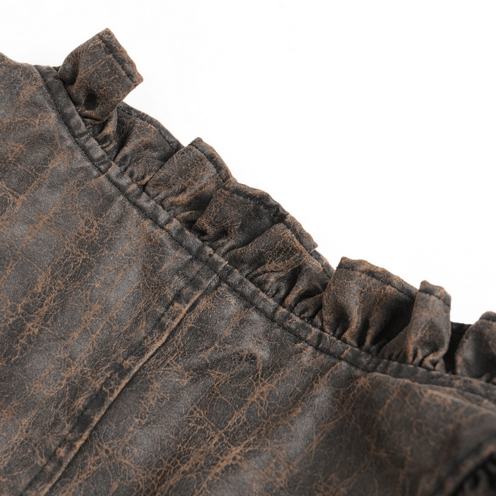 Close-up of the ruffle trim on the Vintage Lace-Up Waistcoat With Front Zipper Detail.