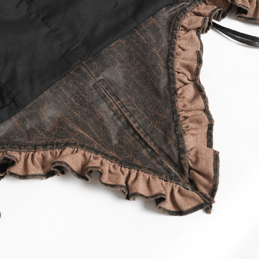 Vintage Lace-Up Waistcoat With Front Zipper Detail showing ruffle trim and distressed texture from the inside.