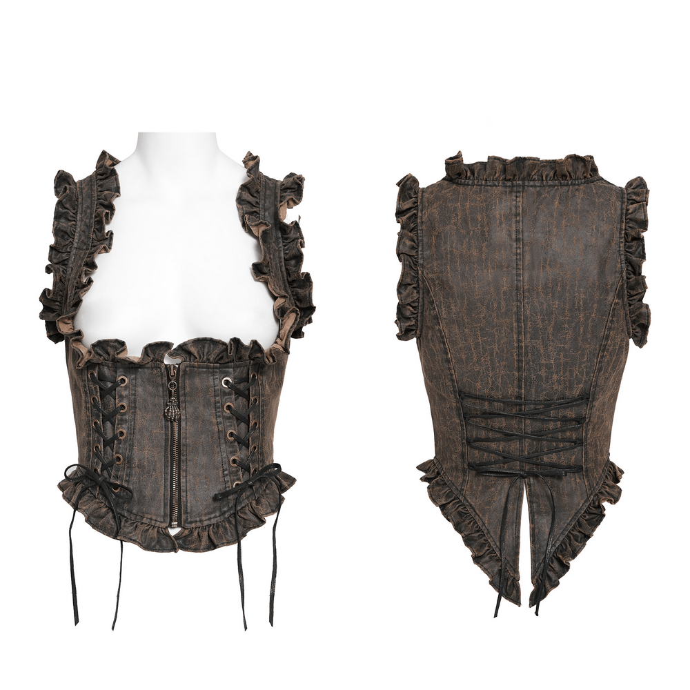 Vintage Lace-Up Waistcoat With Front Zipper Detail showcasing ruffle trim and side lace-up design in distressed brown.